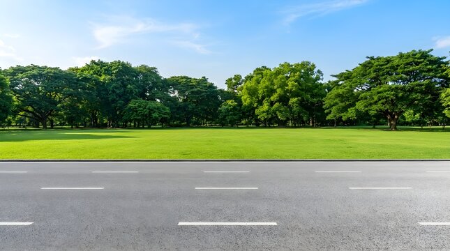 Empty asphalt road stretching horizontally past a lush green park filled with many vibrant trees under a bright blue sky
