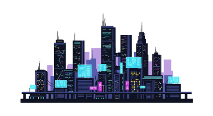 Obraz premium Cyberpunk futuristic city skyline with digital screens at night