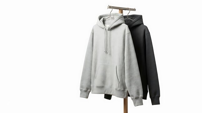 Gray and black hoodies hanging on a rack mockup presentation on a white background for apparel branding