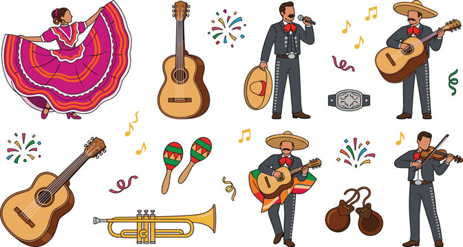 Mexican Mariachi Band Icon Set with Traditional Musician Characters, Folk Dancer, Guitars, Trumpet, Maracas, and Fiesta Celebration Elements Vector Illustration