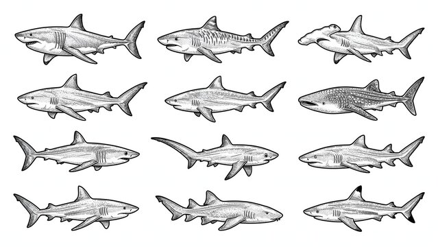 Different shark species swimming hand drawn vintage engraving style vector illustration set