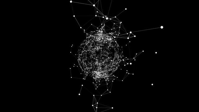 An abstract sphere of rotating particles with dynamic network connections. A globe made of a complex neural network with floating nodes and lines.