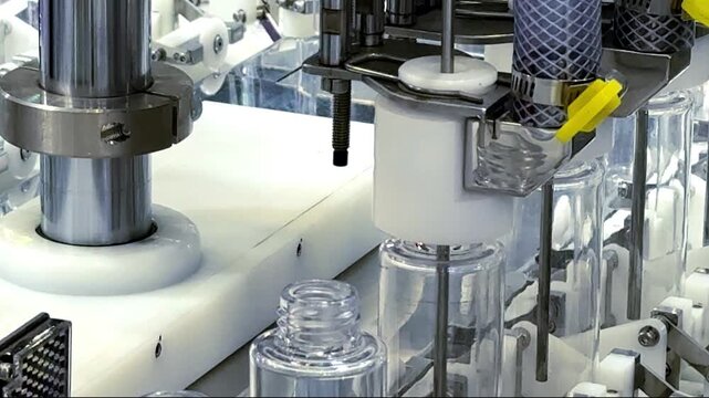 Industrial automated machinery line handling clear cosmetic serum bottles in manufacturing plant	