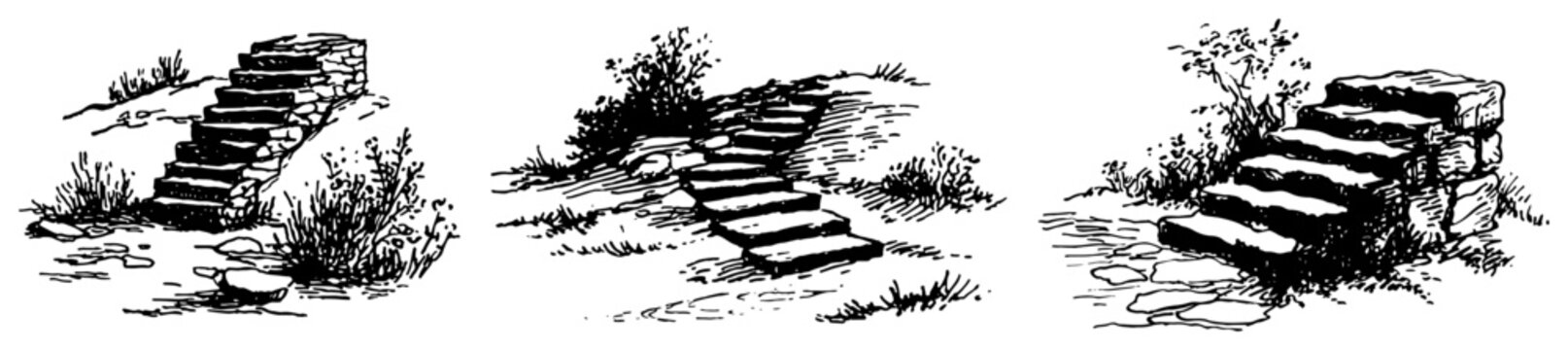 Stone steps and garden stairs in hillside landscape hand drawn vintage vector sketch