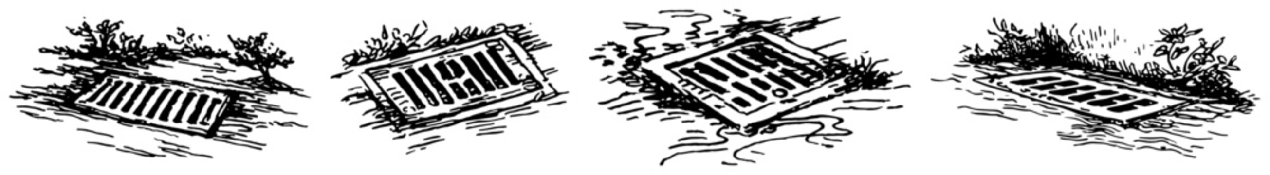 Sewer grates and drainage metal covers on street hand drawn vintage vector sketch
