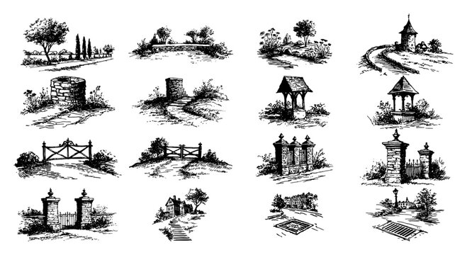 Garden design elements including rustic wells wooden gates and stone fences in vintage engraving style