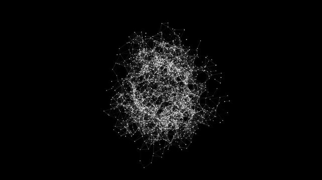 Abstract animation of a chaotic network cloud made of plexuses. A dynamic swarm of swirling particles with luminous compounds.