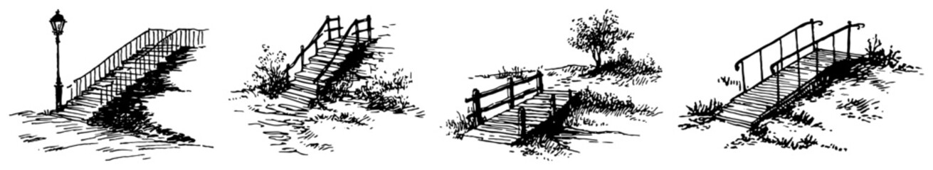 Fototapeta premium Wooden garden footbridges and outdoor stairways in vintage sketch style