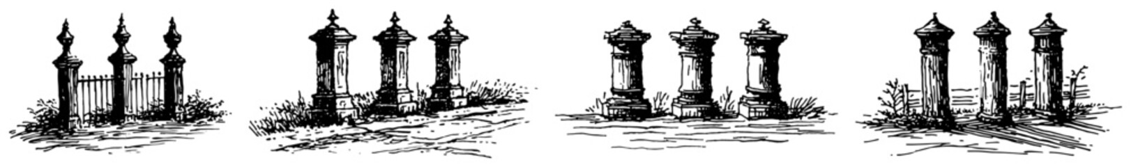 Obraz premium Stone pillars and gate posts set in vintage engraving style