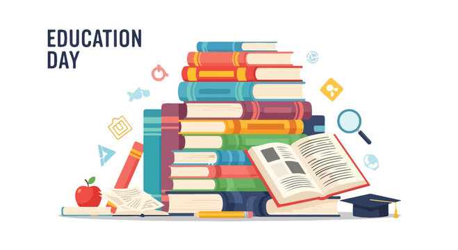 Colorful illustration of stacked books with education icons