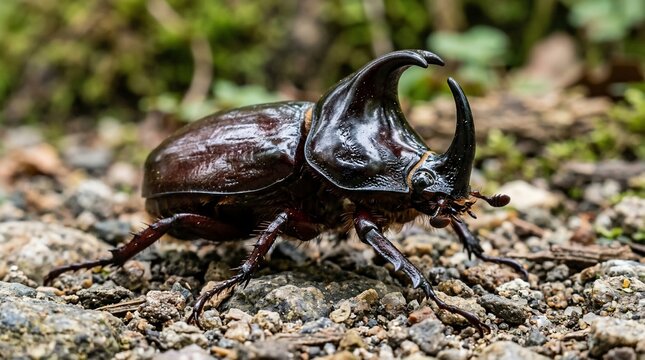 Rhinoceros beetle on ground with large horn and shiny exoskeleton