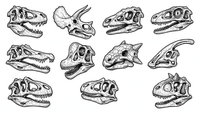 Dinosaur skull fossil skeletons hand drawn engraving style vector illustration set