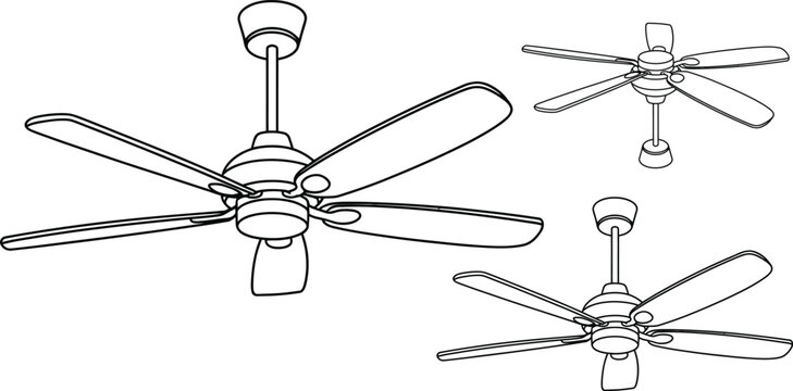 Minimalist ceiling fan vector set, modern interior cooling appliance line art, collection of 3 electric ceiling fans for home ventilation and air conditioning