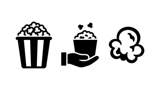 Black and white popcorn buckets and snack icon set