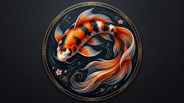 Vibrant koi fish swimming in circular decorative pattern