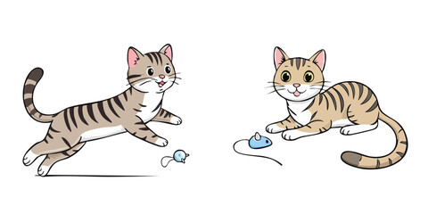 Fototapeta premium Cute cartoon cats playing with toys on a white background illustration