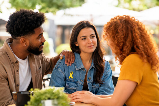 Conceito de Apoio Humano Setembro Amarelo: Grupo diversificado de amigos conversando e oferecendo suporte emocional com la&ccedil;o amarelo vis&iacute;vel