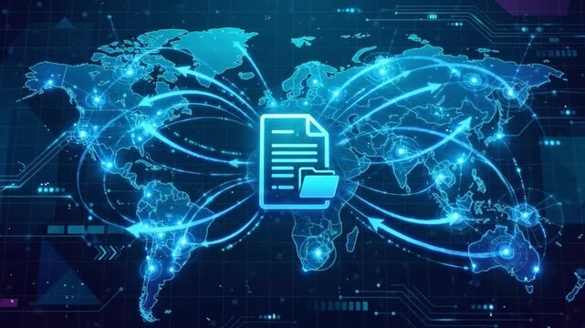 Digital file transfer global network communication with glowing world map and data flow arrows connecting continents, illustrating seamless global data flow and secure digital file sharing network