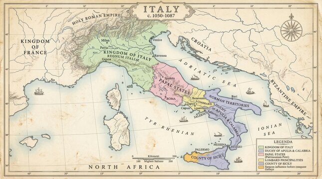 Historical map of italy, c. 1050-1087, showing medieval kingdoms, papal states, and territories