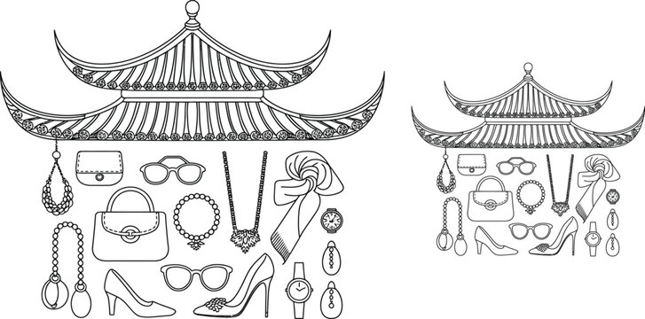 Chinese temple, fashion accessories, vector icons, illustration set