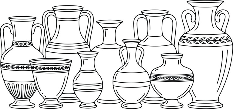Vintage amphorae, antique vases, ancient urns, black and white illustration, vector graphics