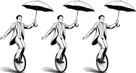 Vintage illustration, circus performers, unicycling men, black and white © yamin678