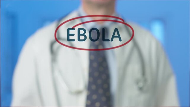 Medical professional with a stethoscope writing the word ebola on a transparent screen with a red marker. Highlighting the importance of studying and containing the dangerous viral hemorrhagic fever