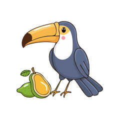 Obraz premium Adorable cartoon toucan bird with a vibrant beak stands beside fresh exotic fruits in a playful illustration.