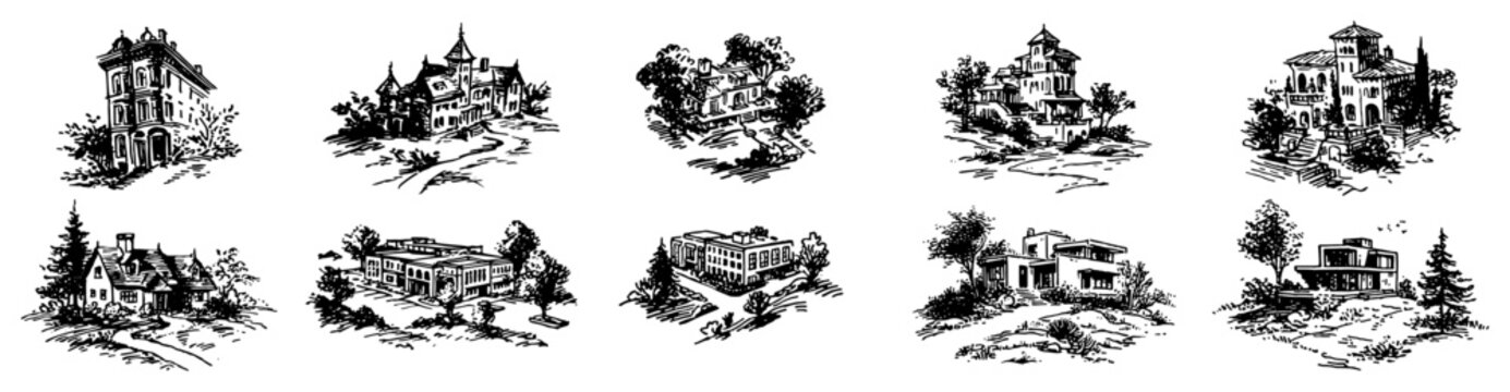 European mansions and Victorian cottages set in countryside landscape vintage hand drawn sketch style