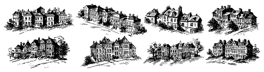 Fototapeta premium Victorian row houses and urban townhouses set in architectural vintage sketch style