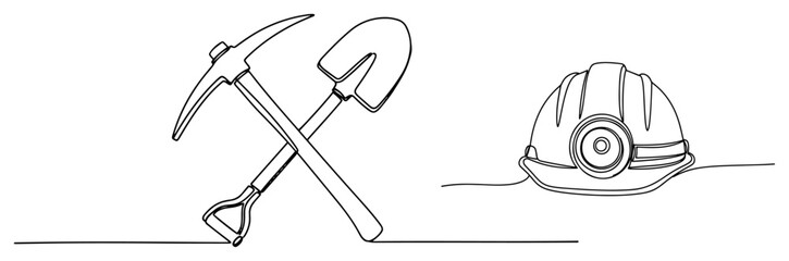 Miner safety helmet with pickaxe and shovel in minimalist continuous line art style © Amelia