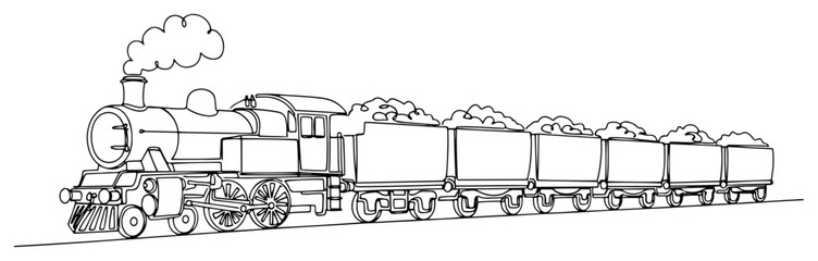 Steam locomotive train pulling coal wagons in continuous line art style © Amelia