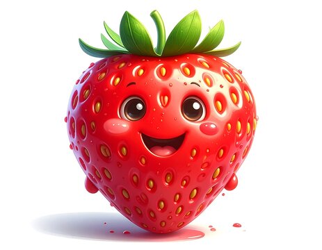A cheerful cartoon strawberry with a smiling face and green leaves on top