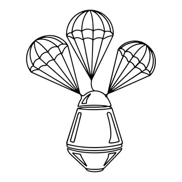 Space capsule descending with three parachutes in minimalist line art style