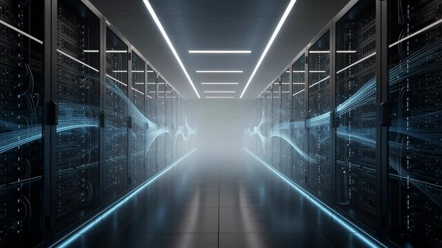 Futuristic data center aisle glowing with vibrant blue digital data streams flowing smoothly