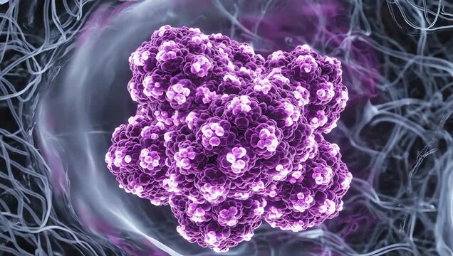 Cancer cells multiplying rapidly in synchronized patterns inside transparent tissue structures, glowing abnormal cells expanding aggressively through soft biological fluid