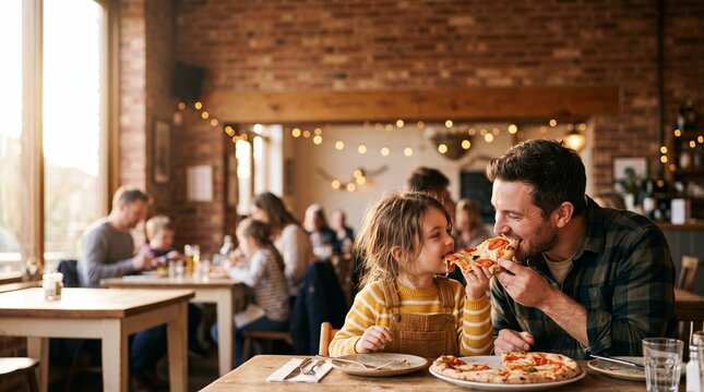 A father and daughter share a happy moment enjoying delicious pizza at a table in a cozy, dimly lit restaurant, with other diners in the background.