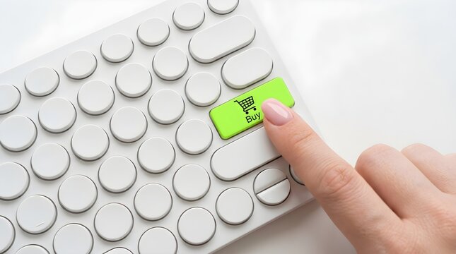 Close up view of a finger pressing a bright neon green buy button on a clean white modern computer keyboard