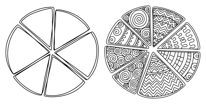 Pizza slices set with mandala patterns and geometric ornaments line art style
