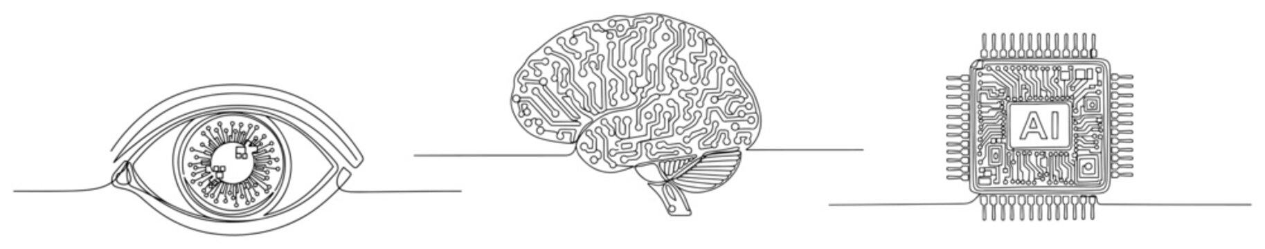 Human eye brain and AI microchip connected in minimalist line art style
