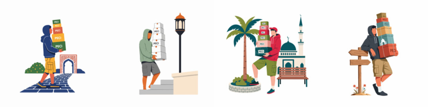 Flat vector illustration set of men carrying stacks of Peci gift boxes in various outdoor settings, suitable for Ramadan and Eid Mubarak concepts.