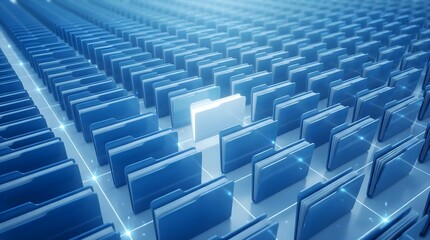 Obraz premium A single glowing white folder stands out among many identical blue folders arranged in a perfect grid pattern on surface