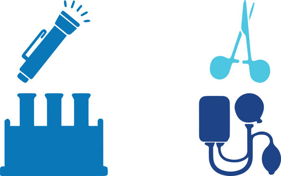 Medical equipment icons set, blue healthcare symbols including blood pressure monitor and test tubes, surgical scissors and penlight vector illustrations
