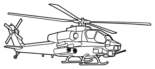 Military attack helicopter with rotor and weaponry in minimalist line art style © Amelia
