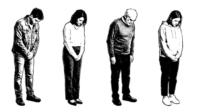 This image showcases four individuals bowing in various poses, illustrated in a striking vector halftone style that conveys a sense of humility and respect.