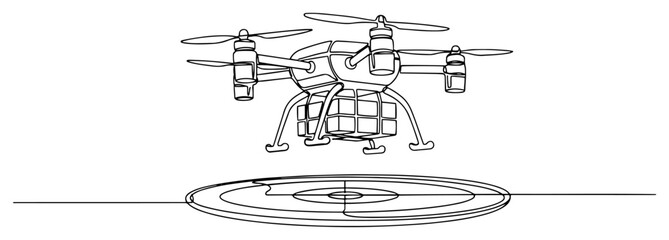 Delivery drone carrying package over landing pad in minimalist continuous line art style © Amelia