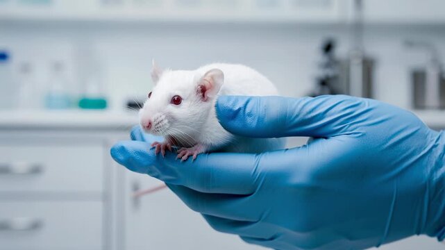 Scientist Gently Holding White Laboratory Mouse with Gloved Hands in Research Lab
