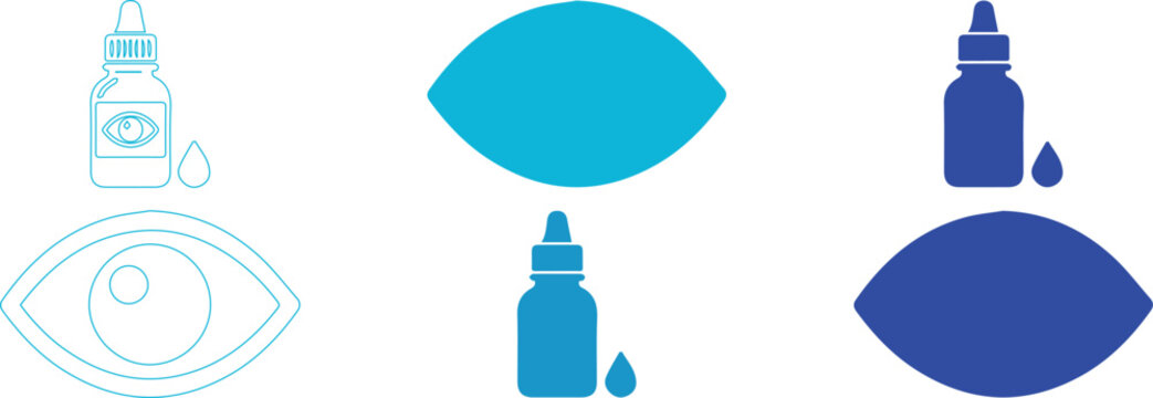 Medical eye drops icon set, ophthalmology treatment symbols, blue liquid dropper bottle and human eye vector illustrations for vision care