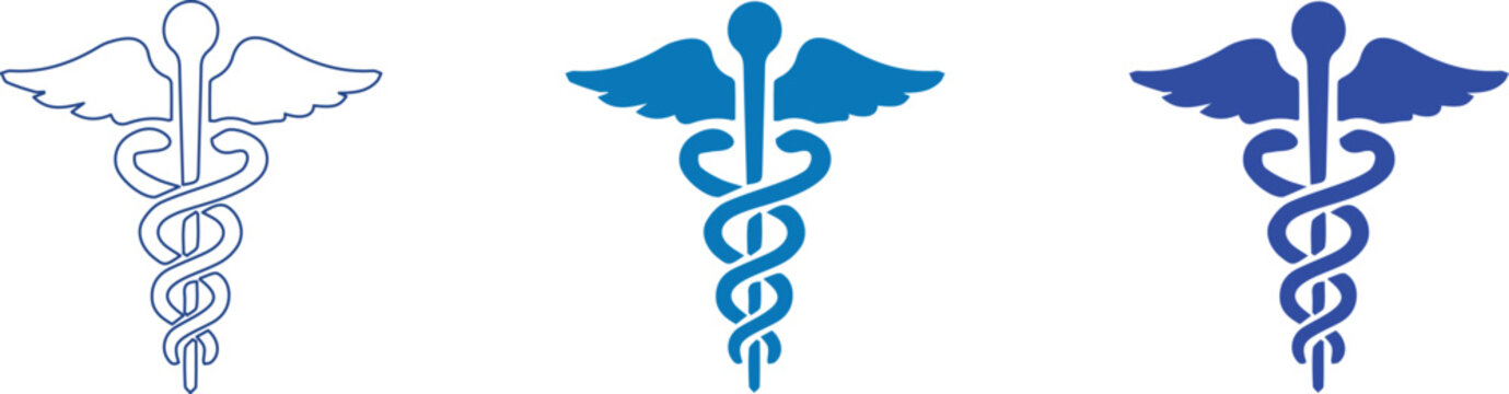 Medical caduceus symbol set, blue healthcare icons with snakes and wings, professional pharmacy and medicine emblems for clinical branding