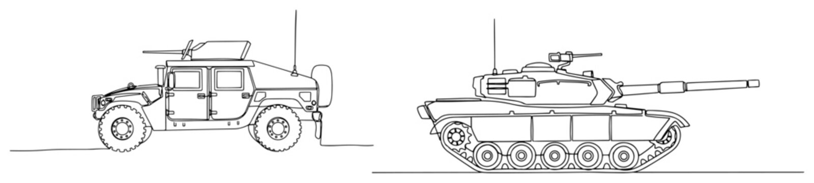Military off road humvee and heavy battle tank in minimalist line art style